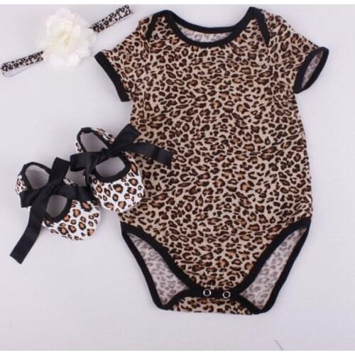 3PCS Set Newborn Infant Baby Boy Girl Clothes Leopard Floral Romper +Headband +Shoes Outfits Summer Short Sleeve 0-12m