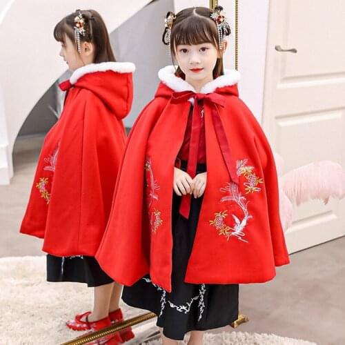 Red Girls Embroidery Hanfu Cape winter Long Cloak Chinese Children Style Mantle Kids Christmas Hooded Capes New Years Outfit