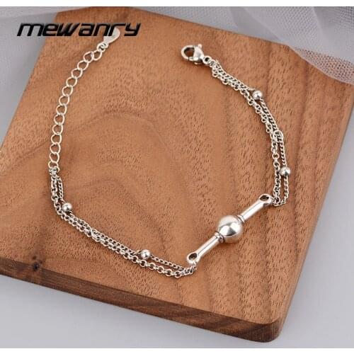 MEWANRY 925 Sterling Silver Bracelets Simple Fashion Accessories Hip Hop Vintage Double Layer Chain Round Beads Party Jewelry