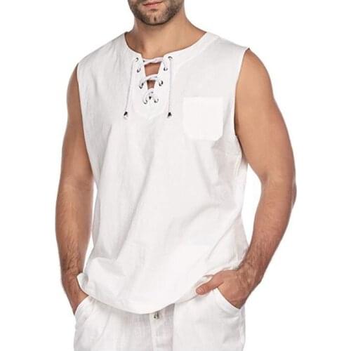 Mens Sleeveless Tank Top Lace Up Fashion Cotton Linen O-neck Solid H17