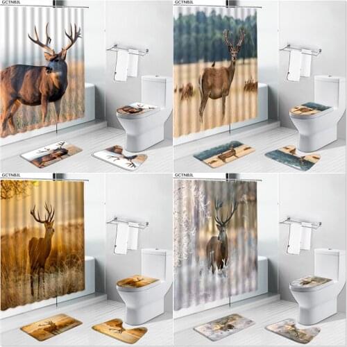 Autumn Forest Elk Shower Curtains Rug Set Christmas Deer Wild Animal Non-slip Bath Mat Toliet Cover Carpet Luxury Bathroom Decor
