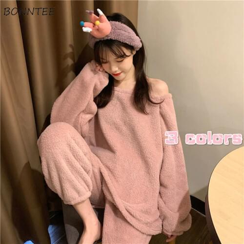 Pajama Sets Women Plus Velvet Winter Chic Solid Simple Lovely Schoolgirls Sleepwear Pajamas Leisure Ulzzang Femme Loungewear Ins
