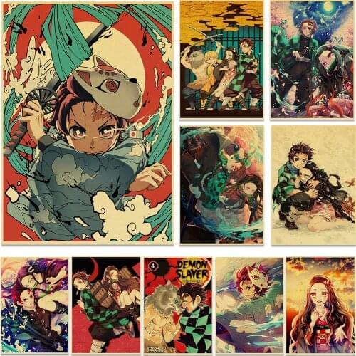 Vintage Poster Anime Demon Slayer Kimetsu no Yaiba Retro Poster kraft paper Printed For Kids Posters For Home Room Decor
