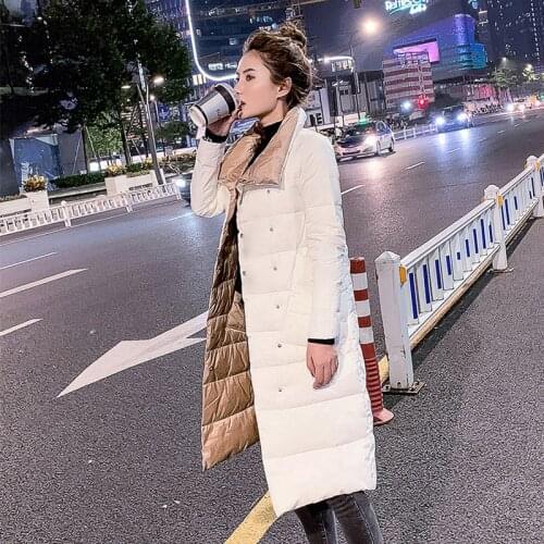 Women Double Sided Down Long Jacket Winter Double Breasted Warm Parkas White Duck Down Coat