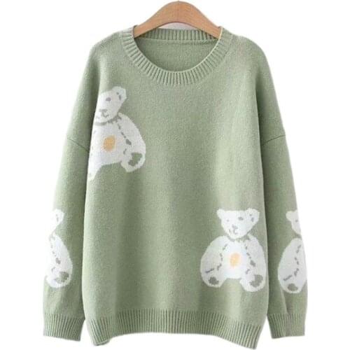 Bear Emroidery Kawaii Knit Pullover Women Sweater 2021 Winter Full Sleeve O-neck Korean Female Harajuku Soft Tops