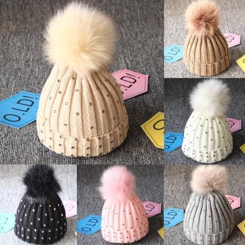 Newborn Winter Warm Fur Pom Gem Bobble Knit Beanie Hat Toddler Knit Woolen Yarn Hats