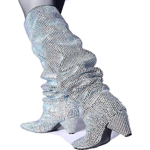 YUE JABON Women Point Toe Strange Heel Knee Boots Ankle Strap Decorate Big Size Real Leather Winter Boots Luxury Glitter Shoes