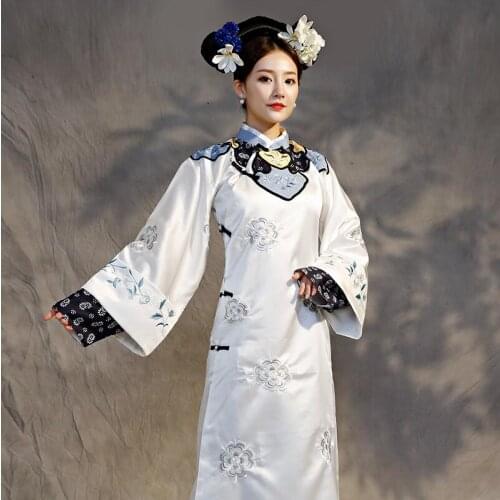 Women elegant cheongsam dress TV Play performance wear Qing Dynasty Princess Costume White Embroidery Theatrical Robe