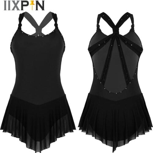 Women Skating Dress Sleeveless Criss-cross Back Shiny Rhinestones Figure Ice Skating Roller Skating Ballet Dance Leotard Dress
