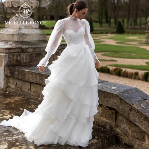 Michelle Royce A-Ling Wedding Dresses 2020 High Puff Sleeve Appliques Tiered Button Chapel Train Bridal Gowns Vestido De Noiva