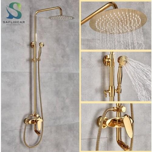 Golden Bathroom Faucet 8’’ Brass Rainfall Shower Head Polished Exposed Faucet Hot Cold Water Mixer Taps Bath Shower Faucet