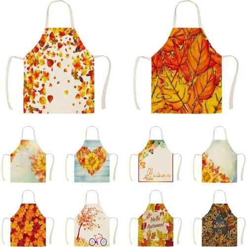 1Pcs Kitchen Apron Golden Maple Leaves Printed Sleeveless Cotton Linen Aprons for Men Women Home Cleaning Tools WQ1210