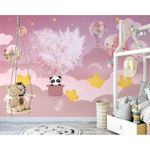 3D wallpaper feather hot air balloon pink cartoon childrens room background wall bedroom self-adhesive waterproof wall stickers