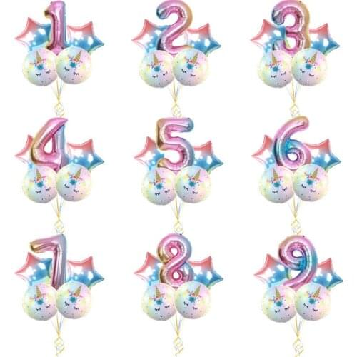 Birthday decoration balloon 5pcs unicorn digital balloon package children birthday party toy floating aluminum foil balloon