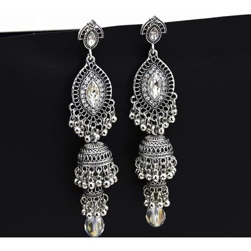 Afghan Oxidized Silver Color Metal Crystal Rhinestone Earrings for Women Boho Big Geometric Long Tassel Earring Gypsy Gift