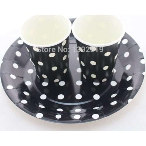 Free Shipping 96pcs Black Color Polka Dot Partyware Paper Plates Paper Cups 7'' Paper Plates 9oz Paper Cups