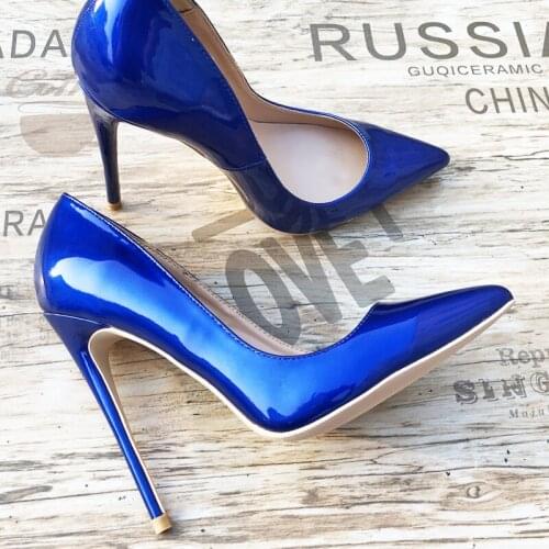 Free shipping fashion women pumps Casua royal blue patent leather printed pointed toe high heels shoes 12cm 10cm 8cm Stiletto