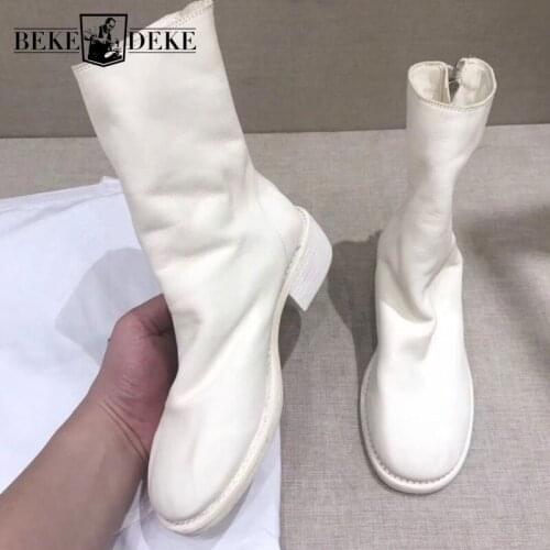 Designer Genuine Cow Leather Mid-Calf Boots Women Vintage Zipper White Boots Street Fashion Autumn Winter Shoes Botines Mujer