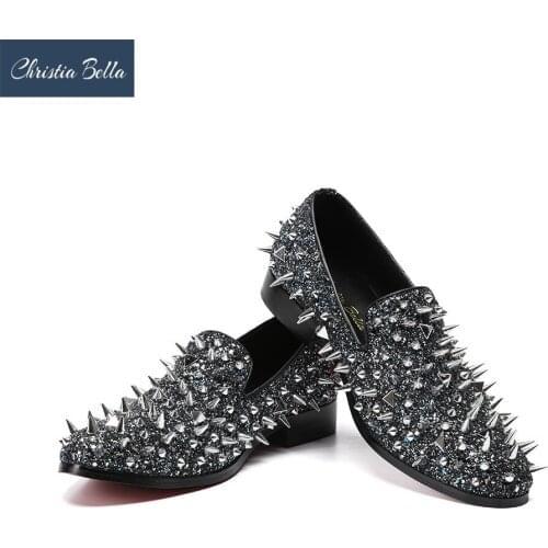 Christia Bella British Style Rivets Smoking Slippers Men Studded Loafers Party Banquet Dress Shoes Fashion Slip on Men Flats