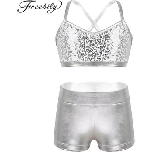 Kids Teens Shiny Sequin Gymnastics Shorts Crop Top Ballet Leotard Dance Set Girls Sports Tankini Stage Dance Costume Set