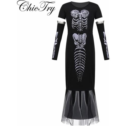 Fancy Party Kids Girls Short Sleeves Skeleton Printed Long Dress with Arm Sleeves for Halloween Carnival Cosplay Party Costume