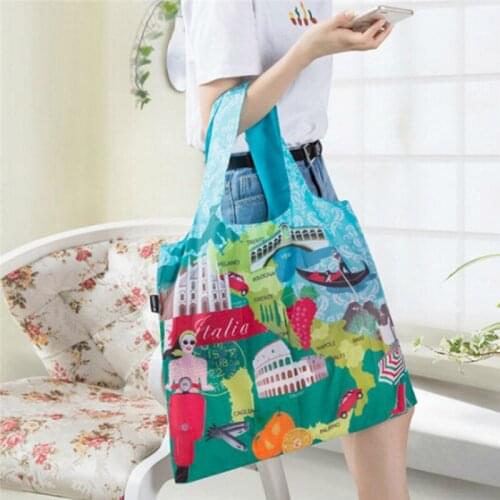 ECO Reusable Polyester Portable Shoulder Handbag Cartoon Green Folding Pouch Shopping Bag Foldable Magic Style Nylon Large Tote