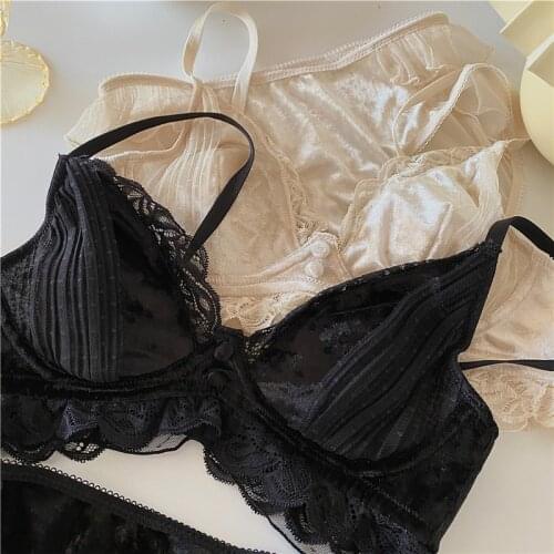Wriufred Autumn and winter lingerie velvet lace sexy underwear no steel ring thin section comfortable and breathable bra set