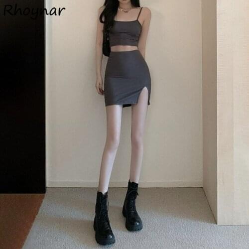 Sets Women Sleeveless Tops Sheath Skirts 2 Pieces Solid Minimalist Stylish All-match Sexy Summer Ulzzang Harajuku Popular Ladies