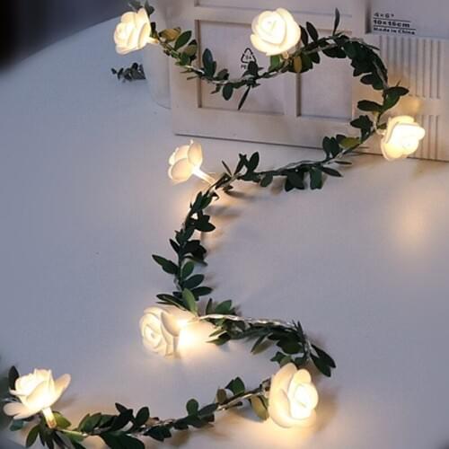 Simulation Green Leaf Rose Rattan LED Light String Fairy Lights Flashing Decoration for Holiday Street Home Battery USB Powered