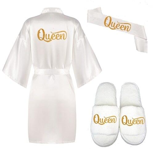 New 3pc set glitter gold Queen robe bride satin robe women white kimono pajamas bridal party kimono wedding queen bride robes