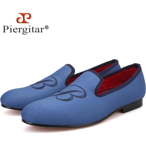 PIERGITAR 2019 new letters embroidery men fabric shoes Fashion prom and Banquet mens loafers British style smoking slippers