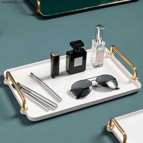 Light Luxury Gilt Rim Tray Living Room Porch Storage Ceramic Plate Rectangular Cosmetics Simple Home Decoration Storage Tray