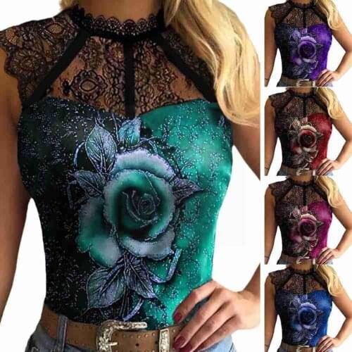 5 Color Summer Tops Womens Fashion Sexy Sleeveless Rose Blouses Casual Size Mesh Splicing Lace Flower T-shirts Print Tank U4E2