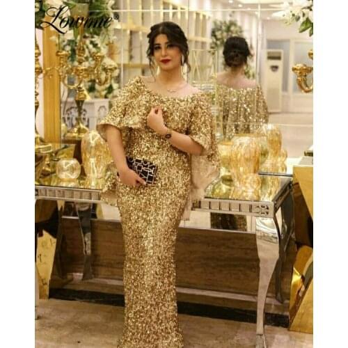 Dubai Gold Sequin Evening Dresses Islamic Turkish Kaftans Mermaid Middle East Women Formal Party Gowns 2020 Pageant Prom Dress