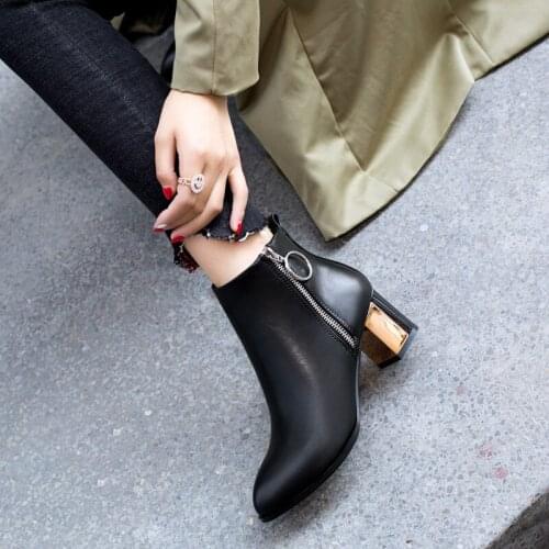 LOVIRS Women Ankle Boots Pointed Toe Zipper Up Chunky Metal Mixed Color Heel Women Shoes Boots For Women Size34-43