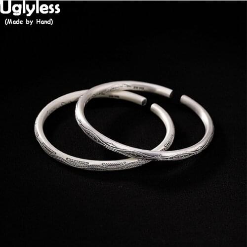 Uglyless Real Solid 999 Pure Silver Round Bangles for Women Ancient Tribe Totem Patterns Open Bangle Thai Silver Fine Jewelry