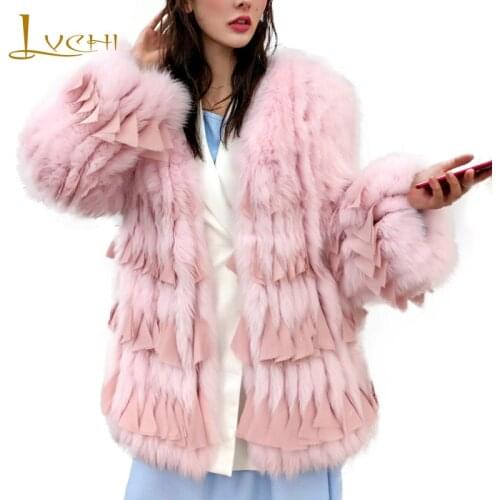 LVCHI 2019 Winter Real Fox Fur Coats Solid V-Neck Natural Fox Fur Coat Womens Striped Long Sleeve Long Waveing Fox Fur Coats