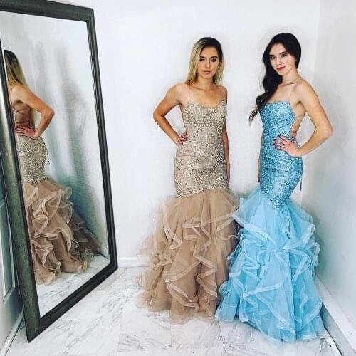 Mermaid Prom Dress 2019 Spaghetti Neck Ruffles Skirt Lace Pageant Gowns Long vestidos de fiesta largos elegantes de gala