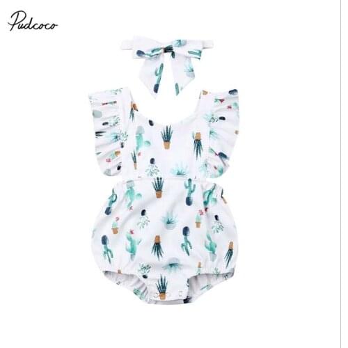 2019 Brand Newborn Infant Baby Girl Cactus Jumpsuit Bodysuit Headband Cute Fly Sleeve Outift Clothes Summer Baby Sunsuit