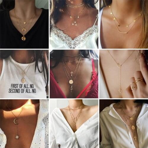 Boho Multi-element Crystal Necklaces For Women Fashion Gold Necklace Vintage Multiple Layers Pendant Necklace Jewelry Gift