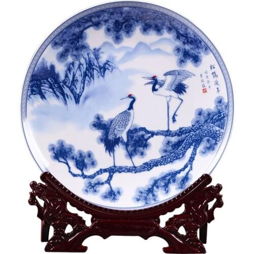 Jingdezhen porcelain hanging plate blue and white pine crane decoration plate living room household handicraft decoration