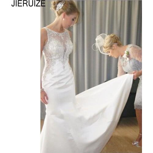 JIERUIZE Gorgeous White Mermaid Wedding Dresses Scoop Neck Button Back Beading Appliques Sleeveless Bridal Gowns robe de mariee