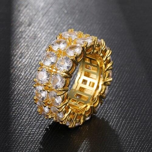 US7 2 Row CZ Solitaire Ring For Men/Women Gold/Silver Color Iced Out Charm Round Rings Band Classic Hip Hop Jewelry For Gifts