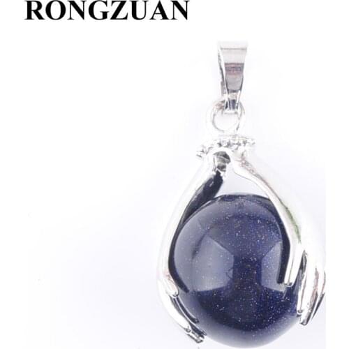 RONGZUAN Natural Blue Sand Round Ball Stone Beads Silver Plated Hands Palm Pendants Reiki Chakra Healing Jewelry 1Pcs TN3150