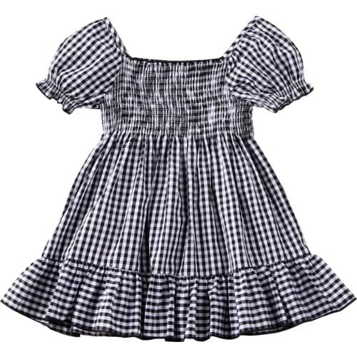 Lioraitiin 0-5Years Summer Autumn Little Girls Sweet Short Sleeve Square Collar Dress Small Plaid Pattern Ruffle Dress