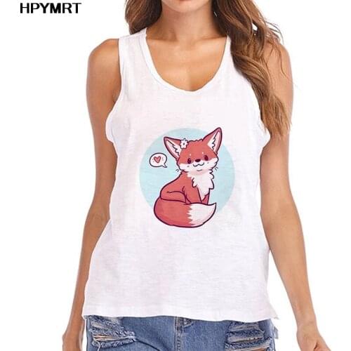 Kawaii fox print Tank Tops Women cute Vest female Fashion Harajuku Sexy white 0-neck tops sleeveless clothing Summer Streetwear
