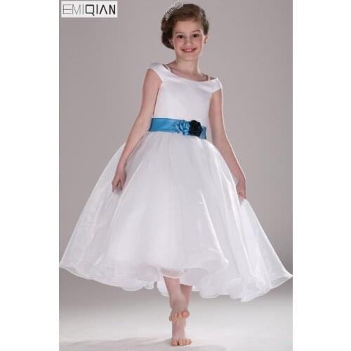 Cute Cap Sleeve Child Dress,White Organza Flower Girl Dress with Blue Belt