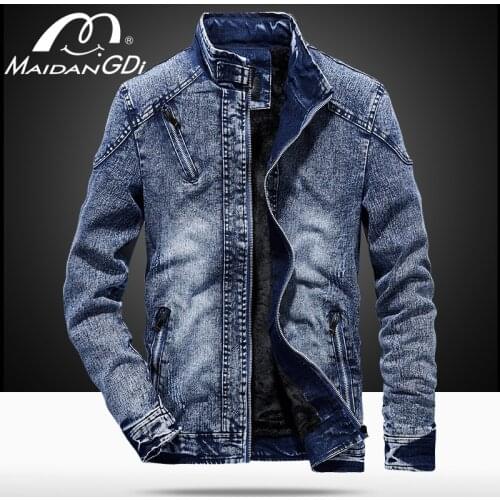 MAIDANGDI Men Jackets 2020 Spring New Denim Casual Motor Spliced Fleece Leather Jacket Males Autumn Vintage Leather Jacket Coat