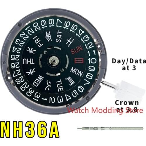 NEW 3.8 O'clock Crown NH36/NH36A Kanji Black Date Wheel Automatic Movement Date at 3 Crown at 3.8
