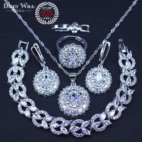 New Arrival silver color Women Accessories Earrings Jewelry Set With White CZ Necklace Earrings Rings Bracelets Sets